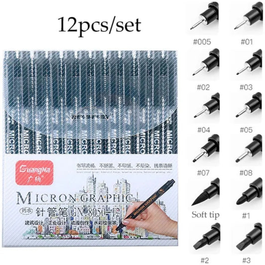 12 Delige Zwarte fineliners pennen set