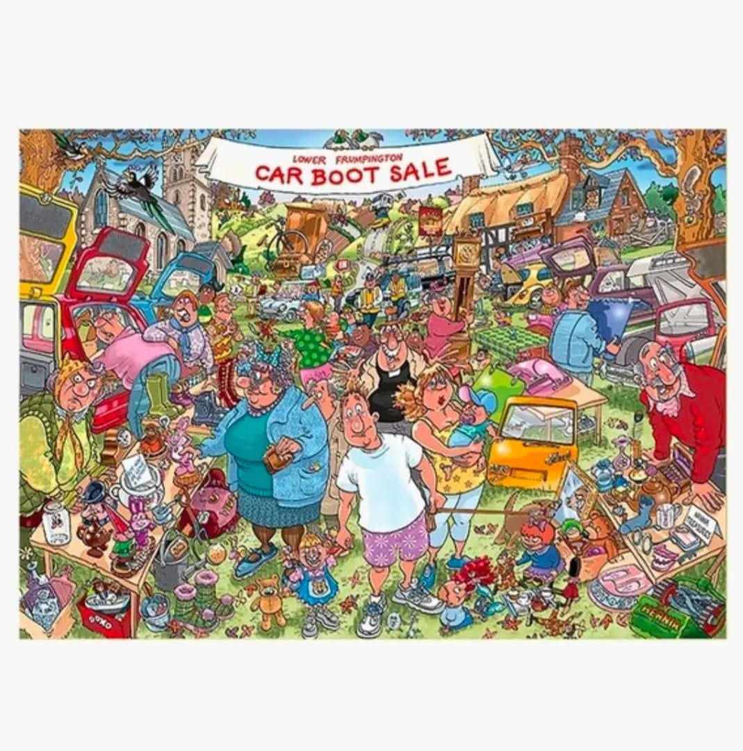 Illustratie van de drukke vlooienmarkt in Lower Frumpington met koopjesjagers, kraampjes en open kofferbakken