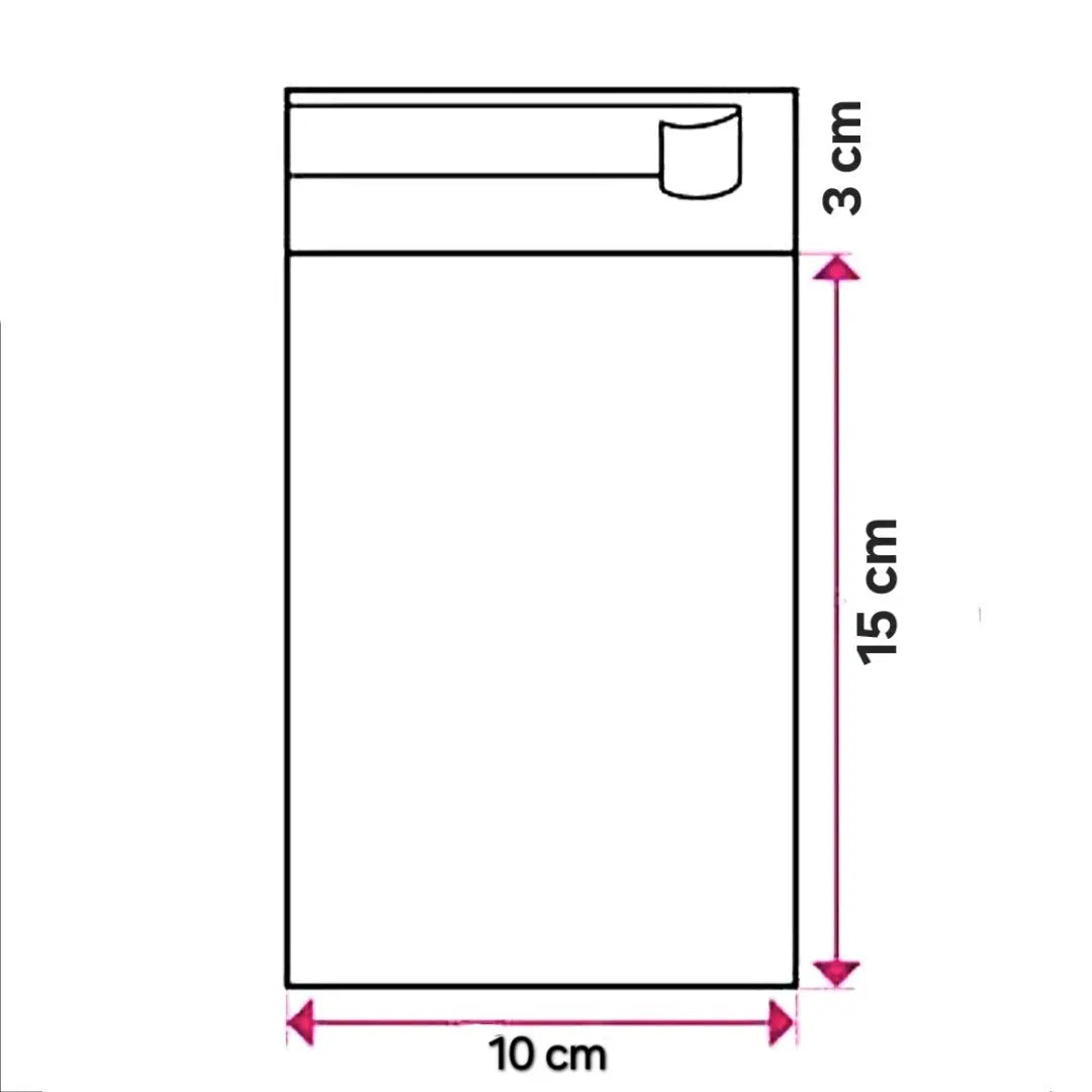 Cellofaanzakje met plakstrip, 10 cm breed en 15 cm hoog, met een extra sluitflap van 3 cm.