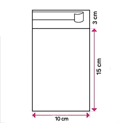 Cellofaanzakje met plakstrip, 10 cm breed en 15 cm hoog, met een extra sluitflap van 3 cm.