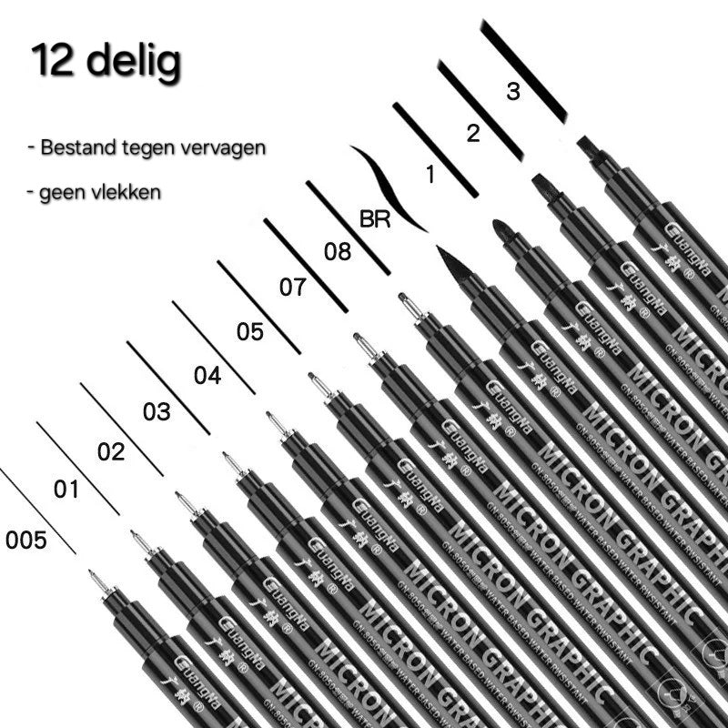 12 Delige Zwarte fineliners pennen set