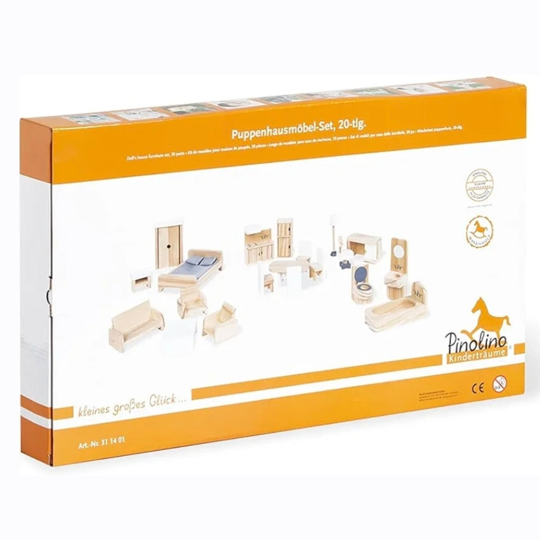 Pinolino: Poppenhuis naturel houten Meubels - 20-Delig