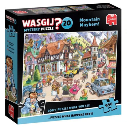 Wasgij Mystery 20 Mountain Mayhem puzzeldoos, schuin van voren met zijkant zichtbaar