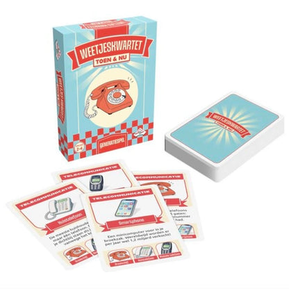 Identity Games Weetjeskwartet Toen & Nu met speldoos, stapel kaarten en voorbeeldkaarten over telecommunicatie.