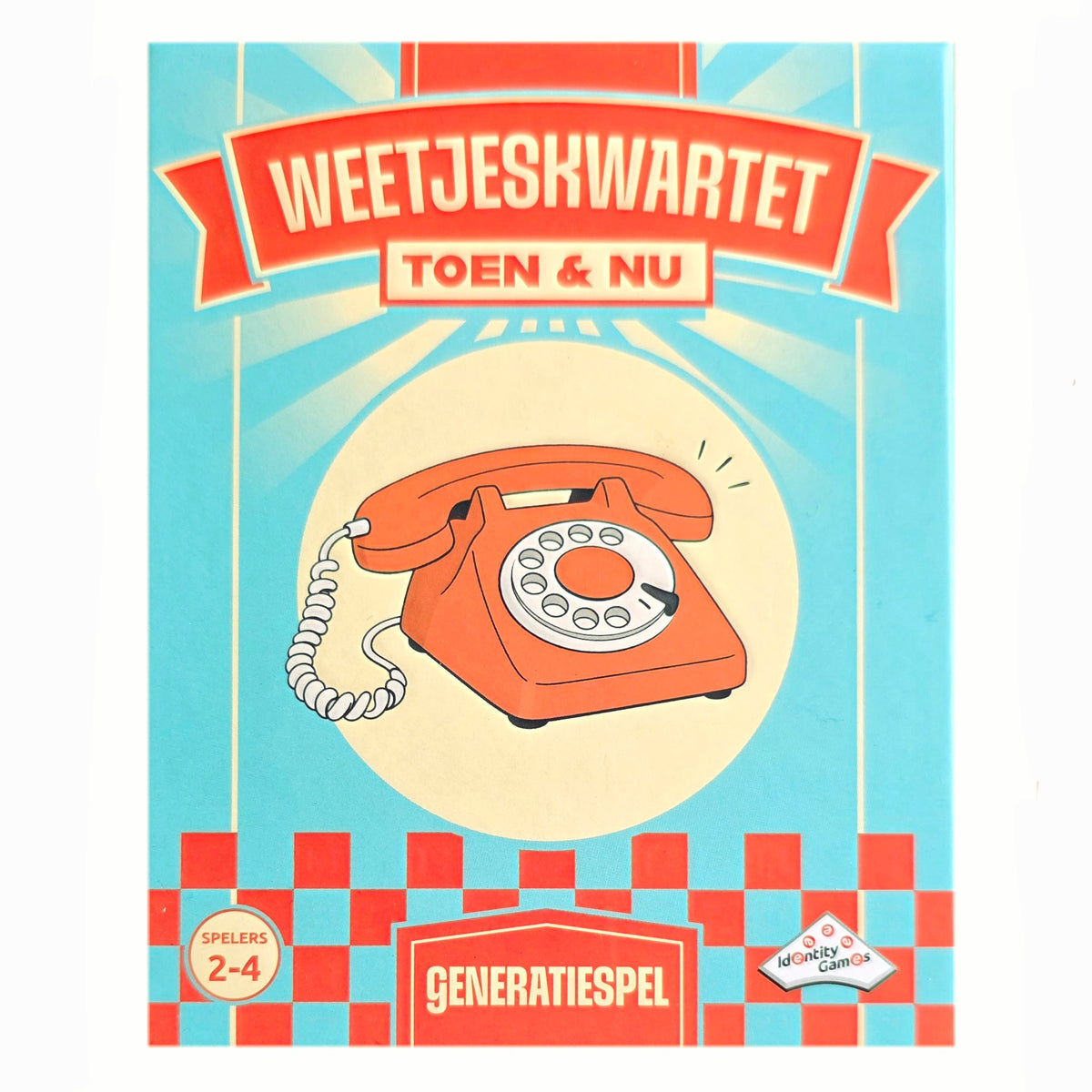 Voorkant van Identity Games Weetjeskwartet Toen & Nu met een oranje draaischijftelefoon op de doos.