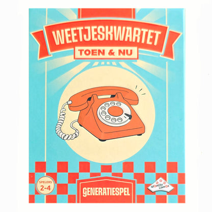 Voorkant van Identity Games Weetjeskwartet Toen & Nu met een oranje draaischijftelefoon op de doos.