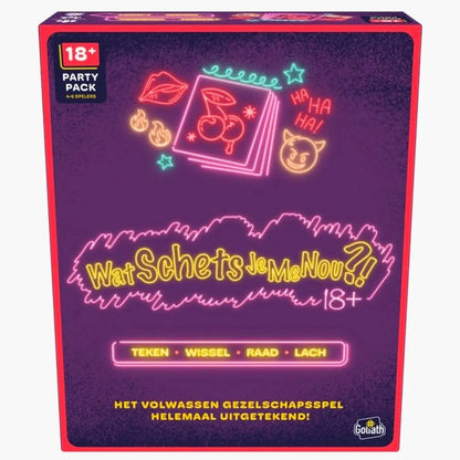 Voorkant van Goliath Wat Schets Je Me Nou?! 18+ Party Pack in paarse doos