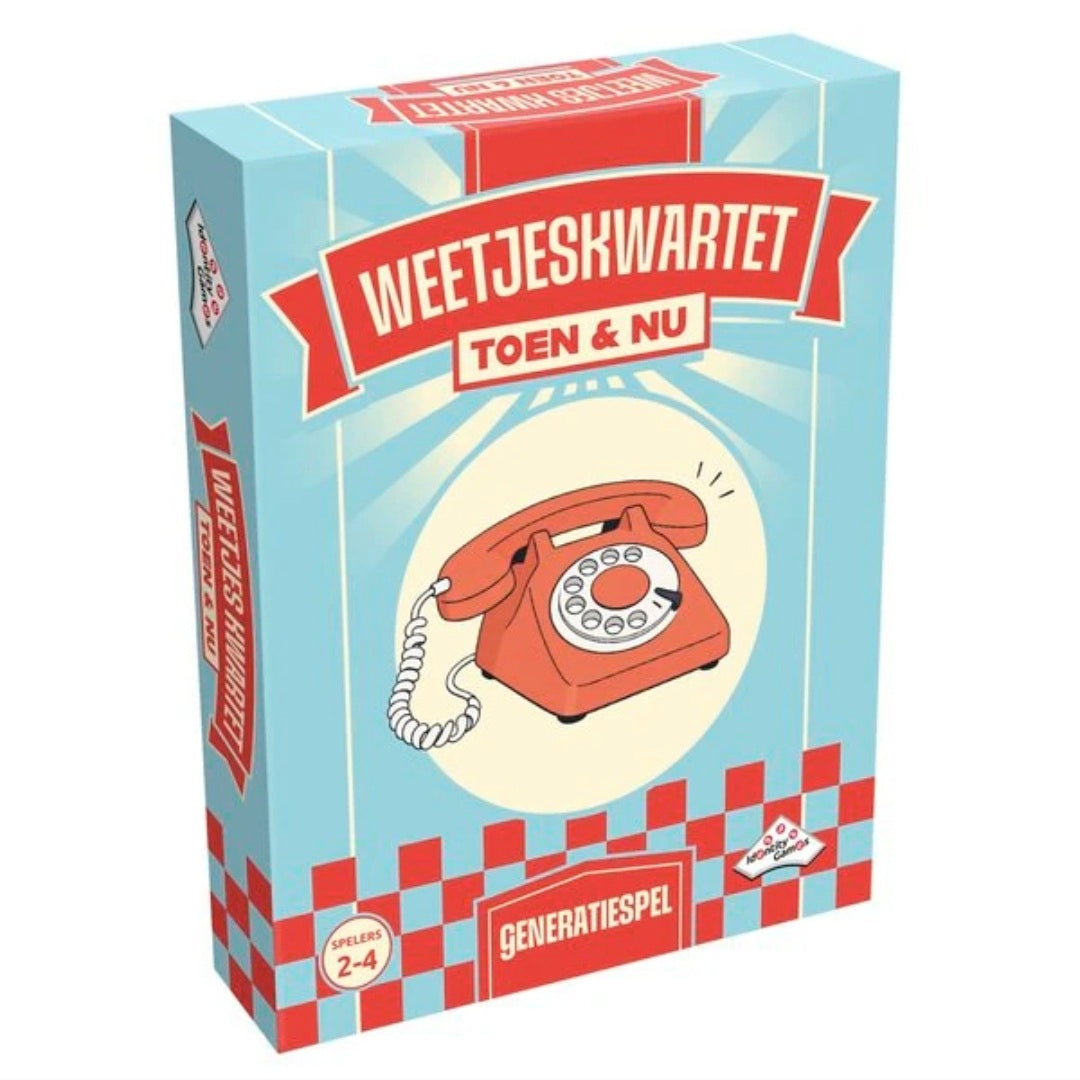 Turquoise verpakking van Identity Games Weetjeskwartet Toen & Nu, schuin van voren gezien.